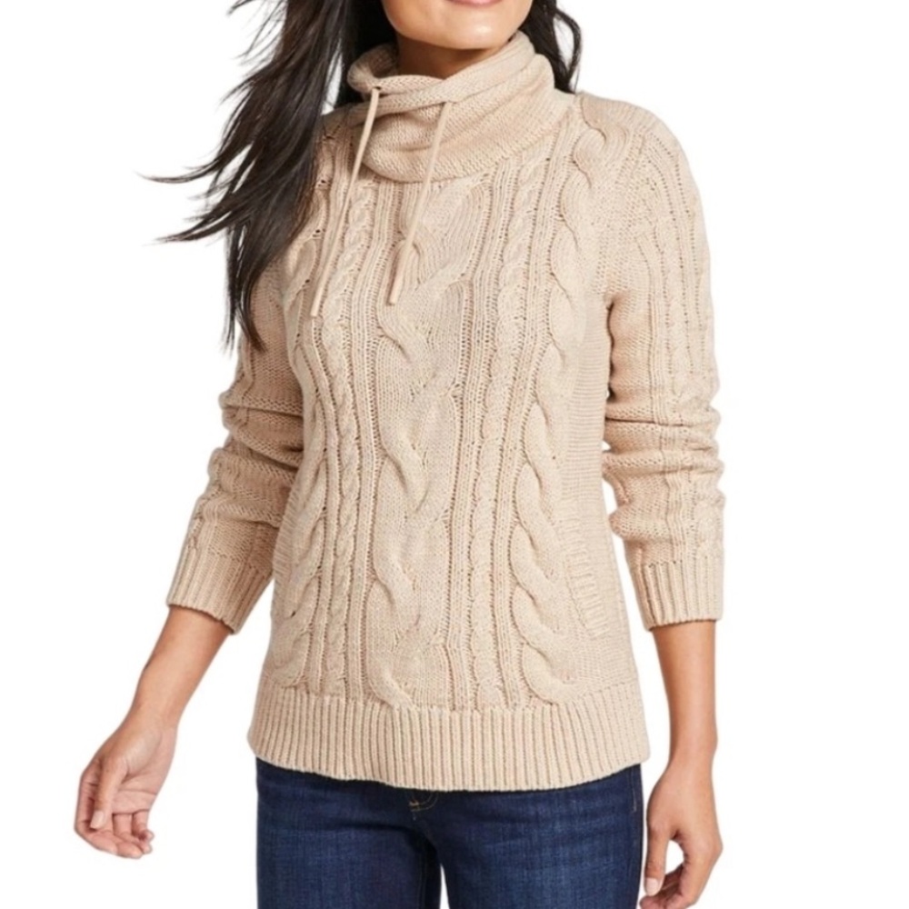 LL Bean Cotton Fisherman’s Sweater Cableknit Knit Funnel Shawl Neck Cream XS